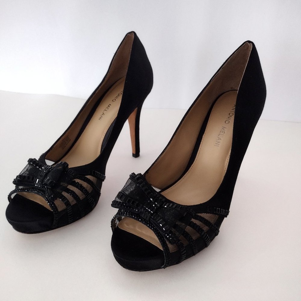 Antonio Melani Black Satin Crystal Rhinestone Bow Peep Toe Platform Pumps